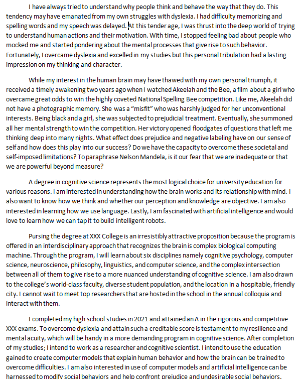 The image shows a sample of a successful undergraduate statement of purpose in cognitive science. It follows the format prescribed by the prospective university.