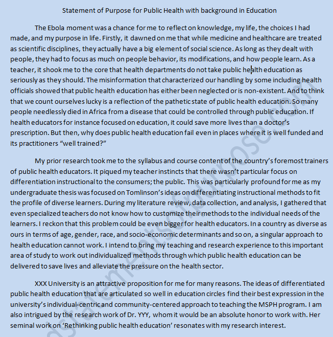 Statement of Purpose Sample for Masters in Public Health