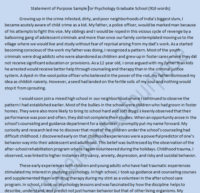 Statement of Purpose sample for Masters in Psychology