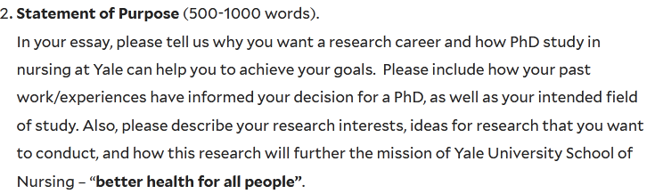 The image shows the SOP requirements for a nursing school doctoral slot in Yale University. Special emphasis to be placed on how the applicant and research interests align with the university's mission.