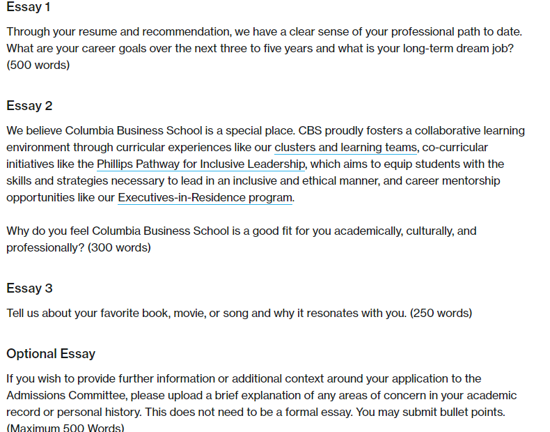 The image shows the requirements for an MBA degree at Columbia Business School. While a standard SOP is not required, the essays generally capture the same information as would be required in a SOP.