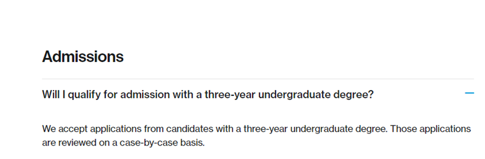 This image shows the admission requirements for an MBA degree at Columbia Business School. It's purpose is to show that you don't need a first degree in business and management to qualify.