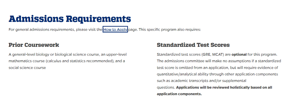 This image shows the admission requirements for a graduate program in public healthcare at John Hopkins University. It's evident that you don't require a first degree in healthcare to qualify for a masters program in the same.