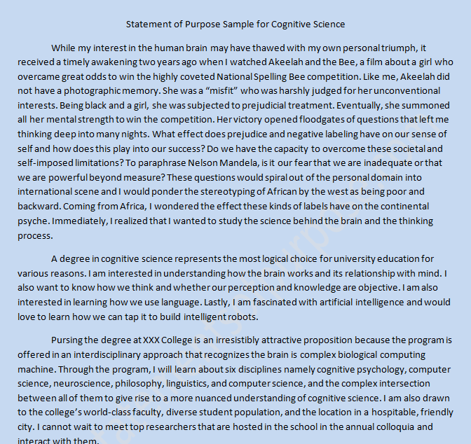 Statement of Purpose sample in cognitive science
