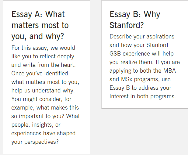 The image shows the application essay requirements at Stanford university which apart from being different from what is required at Harvard or any other top university are also unique from the standard MBA Statement of Purpose.
